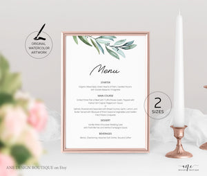 Eucalyptus Wedding Menu Program Template, Greenery Printable Dinner Menu Bridal Shower, Unique Original Artwork, 100% Editable, Download 004