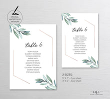 Load image into Gallery viewer, Geometric Eucalyptus Seating Chart Template, Table Number Cards, Greenery Wedding Signs, Watercolor Artwork, 100% Editable, Printable, 004

