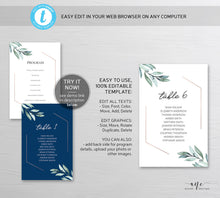 Load image into Gallery viewer, Geometric Eucalyptus Seating Chart Template, Table Number Cards, Greenery Wedding Signs, Watercolor Artwork, 100% Editable, Printable, 004
