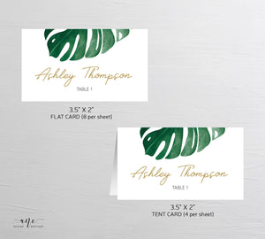 Monstera Place Card Template, Printable Wedding Bridal Escort Card, Editable Name Cards, Beach Tropical Watercolor, Printable, Download 003