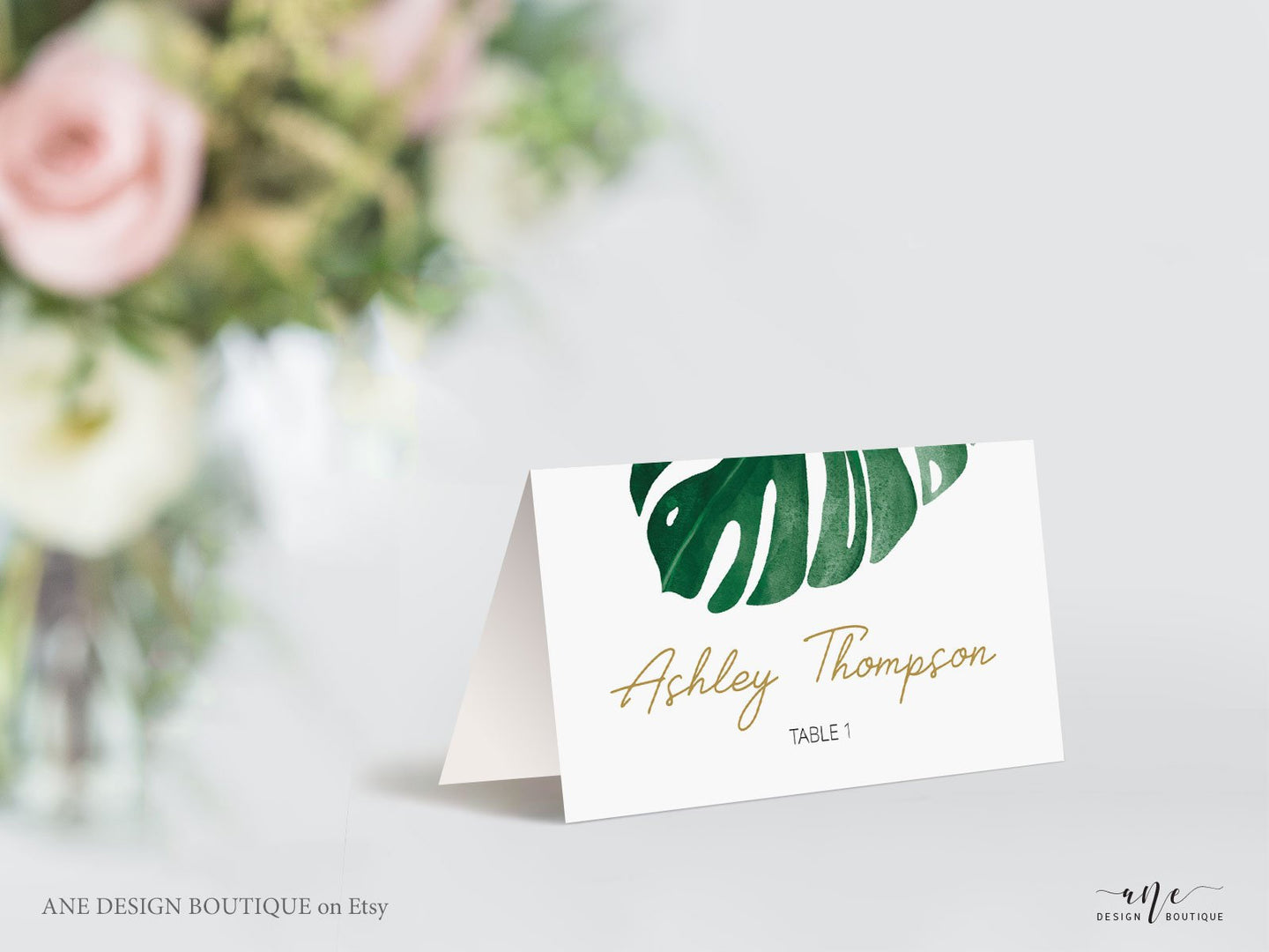 Monstera Place Card Template, Printable Wedding Bridal Escort Card, Editable Name Cards, Beach Tropical Watercolor, Printable, Download 003