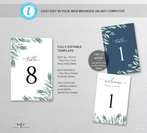Eucalyptus Table Number Card Template, Greenery Wedding Bridal Table Card 4x6 5x7, Watercolor Artwork, 100% Editable, Printable Download 004