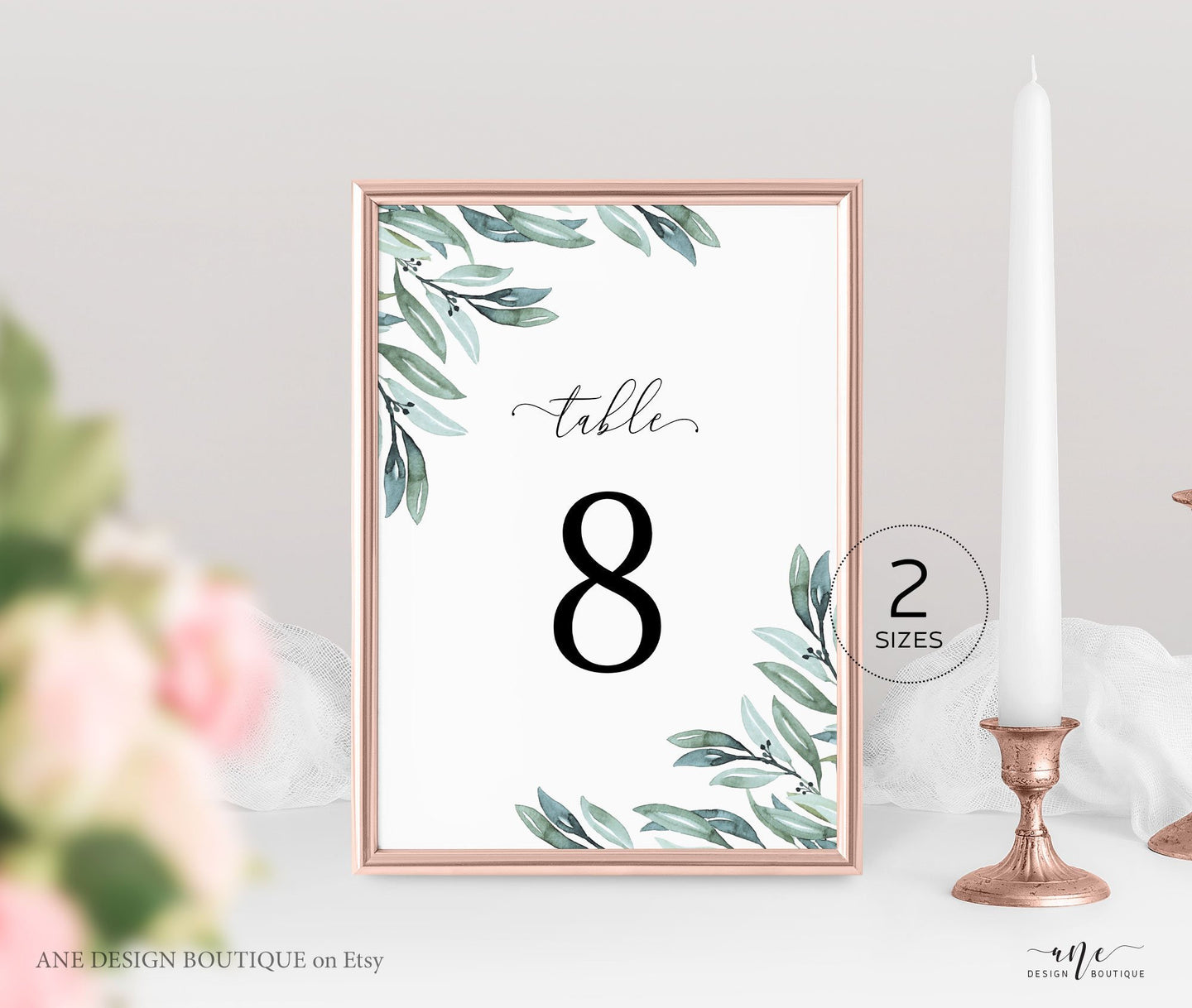 Eucalyptus Table Number Card Template, Greenery Wedding Bridal Table Card 4x6 5x7, Watercolor Artwork, 100% Editable, Printable Download 004