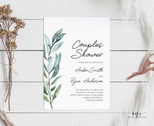 Load image into Gallery viewer, Greenery Couples Shower Invitation Template, Simple Wedding Shower, Eucalyptus Spring Watercolor Art, Templett 100% Editable, Printable #004
