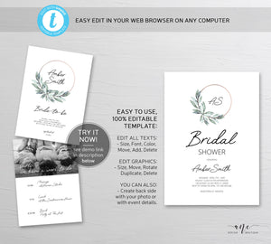 Initials Greenery Hoop Bridal Shower Invitation Template, Eucalyptus Boho Ring Wedding Shower, 100% Editable, Printable Instant Download 004