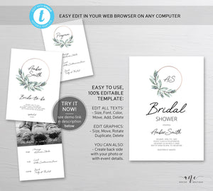Initials Greenery Hoop Bridal Shower Invitation Template, Eucalyptus Boho Ring Wedding Shower, 100% Editable, Printable Instant Download 004