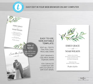 Greenery Wedding Invitation Set Template, Leaf Original Watercolor Artwork, Boho Wedding Invitation, 100% Editable, Printable Download 001