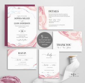 Geode Marble Wedding Invitation Suite Template, Blush Pink Agate Minerals, Rose Marble Wedding Invite, Templett 100% Editable, Printable 005