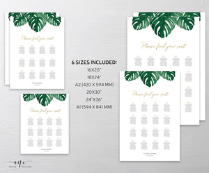 Tropical Monstera Seating Chart Template, Greenery Wedding Bridal Signs Table Plan, Tropical Decoration, 100% Editable, US UK, Printable 003