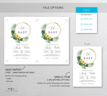 Load image into Gallery viewer, Tropical Palm Leaf Baby / Bridal Shower Invitation Template, Beach Invite, Golden Hoops, Fully Editable, Printable DIY, Instant Download 002
