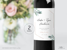 Load image into Gallery viewer, Geometric Greenery Wedding Wine Label Template, Eucalyptus Leaf Watercolor, Rose Gold Bridal Shower, Fully Editable, Printable, Download 004
