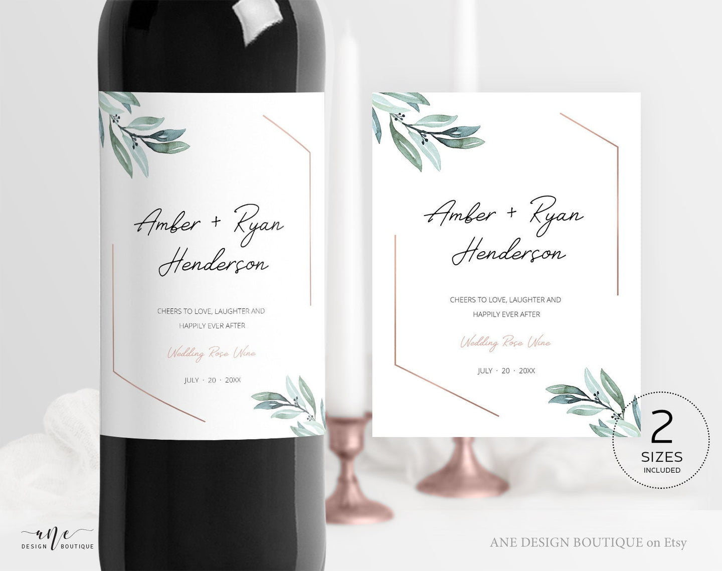 Geometric Greenery Wedding Wine Label Template, Eucalyptus Leaf Watercolor, Rose Gold Bridal Shower, Fully Editable, Printable, Download 004