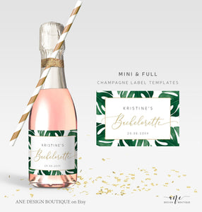Monstera Mini & Full Champagne Frame Label Template, Tropical Leaf, Beach Bachelorette Bridal Baby Shower, Fully Editable, Printable Download 003