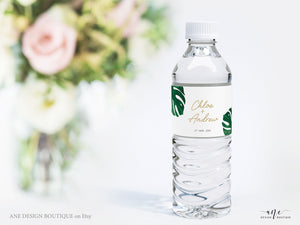 Monstera Custom Water Bottle Label Template, Tropical Greenery, Beach Wedding, Bridal, Baby Shower, Fully Editable, Printable Download 003
