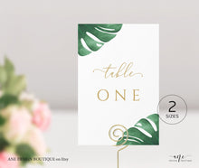 Load image into Gallery viewer, Monstera Table Number Card Template, Tropical Greenery Palm Leaf, Wedding Bridal Table Card 4x6 5x7, Fully Editable, Printable Download 003
