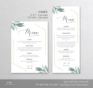 Gold Geometric Wedding Menu Program Template, Boho Eucalyptus Greenery, Printable Dinner Menu Bridal, Original Artwork, 100% Editable, 004