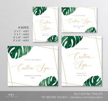 Load image into Gallery viewer, Custom Tropical Monstera Wedding Sign Template, Table Sign, Printable Gold Geometric Green Custom Wedding Signs, 5x7 8x10, 100% Editable 003
