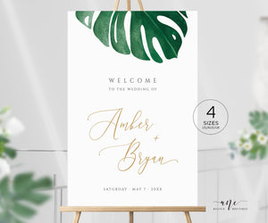 Monstera Wedding Welcome Sign Template, Tropical Greenery Palm Leaf Wedding Signs, Printable Shower Poster, Fully Editable Inst Download 003