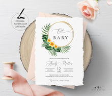 Load image into Gallery viewer, Tropical Palm Leaf Baby / Bridal Shower Invitation Template, Beach Invite, Golden Hoops, Fully Editable, Printable DIY, Instant Download 002
