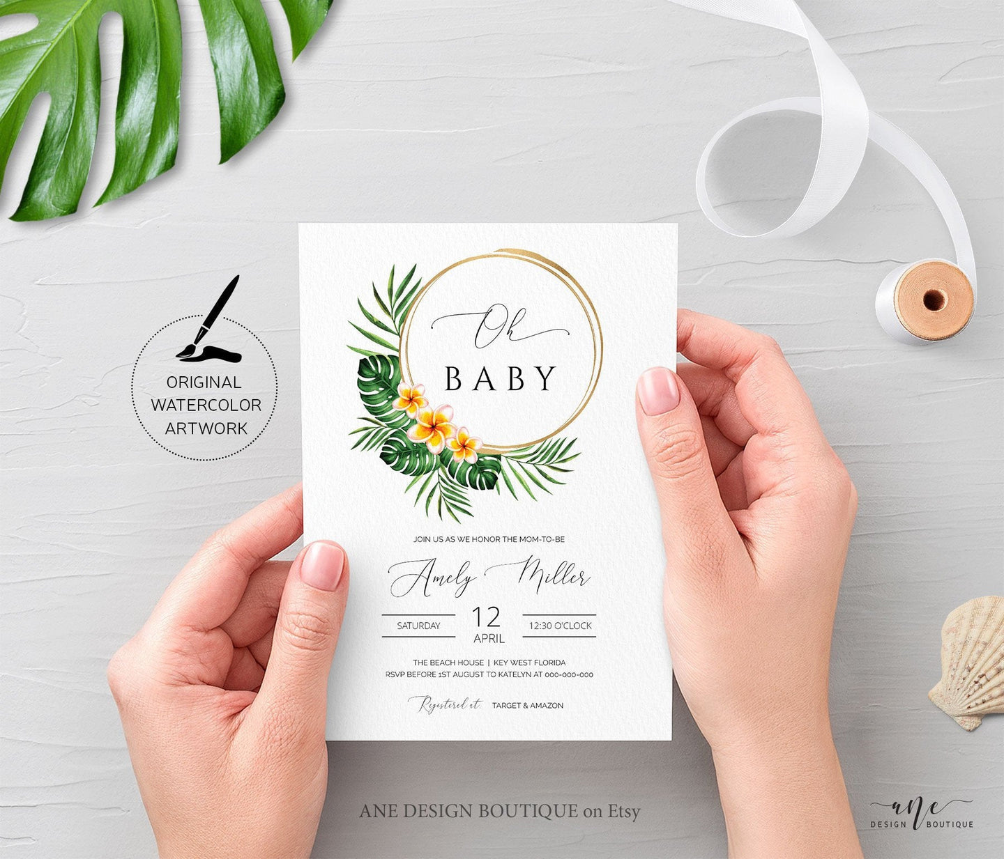 Tropical Palm Leaf Baby / Bridal Shower Invitation Template, Beach Invite, Golden Hoops, Fully Editable, Printable DIY, Instant Download 002