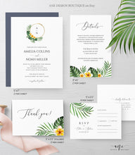 Load image into Gallery viewer, Tropical Monogram Ring Wedding Invitation Suite Template, Monstera Palm Beach Destination Invite Suite Fully Editable Printable Download 002
