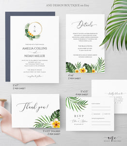 Tropical Monogram Ring Wedding Invitation Suite Template, Monstera Palm Beach Destination Invite Suite Fully Editable Printable Download 002