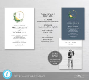 Tropical Monogram Ring Wedding Invitation Suite Template, Monstera Palm Beach Destination Invite Suite Fully Editable Printable Download 002
