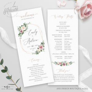 Geometric Floral Printable Wedding Program Template, Editable Order of Service, Boho Rose Gold, Eucalyptus Greenery Mauve Blush Roses, 007