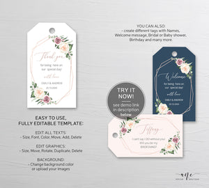 Boho Floral Wedding Favor Tag Template, Mauve Roses Thank You Tag, Bridal Shower Favor, Welcome Bag Label, Editable, Printable, Download 007