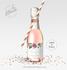 Floral Mini & Full Champagne Label Template, Mauve Roses Wedding Bachelorette Bridal Baby Shower Favor Sticker, Fully Editable Printable 007