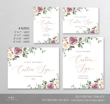 Load image into Gallery viewer, Boho Floral Wedding Sign Template, Eucalyptus Mauve Roses Watercolor Table Sign, Printable Custom Wedding Signs, 5x7 8x10, 100% Editable 007
