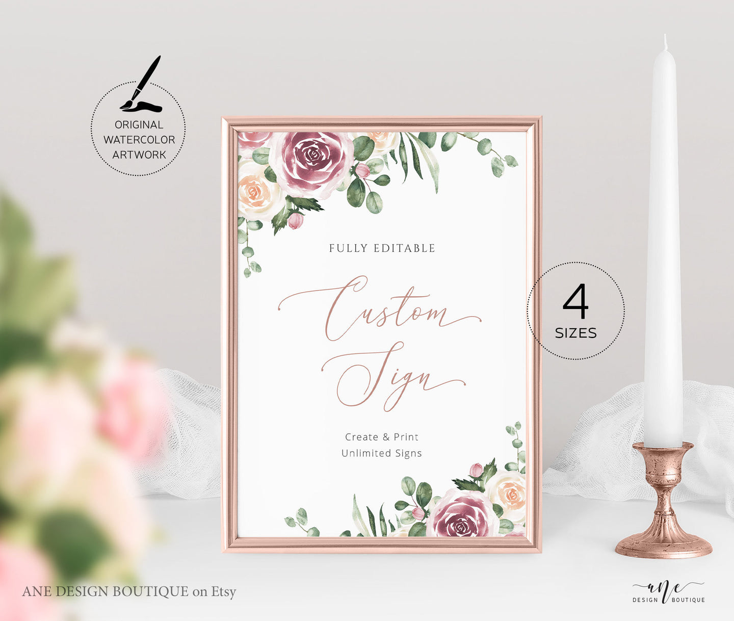 Boho Floral Wedding Sign Template, Eucalyptus Mauve Roses Watercolor Table Sign, Printable Custom Wedding Signs, 5x7 8x10, 100% Editable 007