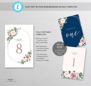 Geometric Boho Table Number Card Template, Eucalyptus, Mauve Roses, Wedding Bridal Table Card 4x6 5x7, 100% Editable, Printable Download 007