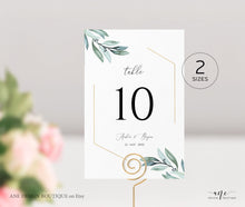 Load image into Gallery viewer, Gold Geometric Table Number Card Template, Eucalyptus Greenery Wedding Table Card 4x6 5x7, Original Artwork, Fully Editable, Printable 004
