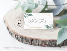Load image into Gallery viewer, Gold Geometric Place Card Template, Printable Wedding Bridal Escort Card, Editable Name Cards, Boho Eucalyptus Greenery Watercolor, 004
