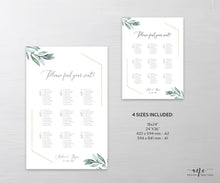 Load image into Gallery viewer, Gold Geometric Eucalyptus Seating Chart Template, Greenery Wedding Seating Sign, Original Artwork, A1, A2, Fully Editable, Printable, 004
