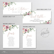 Load image into Gallery viewer, Floral Eucalyptus Seating Chart Template, Table Number Cards, Modern Mauve Roses Wedding Seating Cards, 100% Editable Printable Download 007
