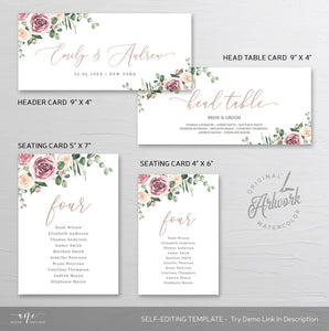 Floral Eucalyptus Seating Chart Template, Table Number Cards, Modern Mauve Roses Wedding Seating Cards, 100% Editable Printable Download 007