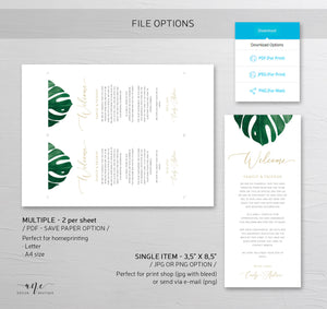 Monstera Welcome Letter Itinerary Template, Tropical Wedding Order of Events Editable Welcome Bag Note, 100% Editable Printable Download 003