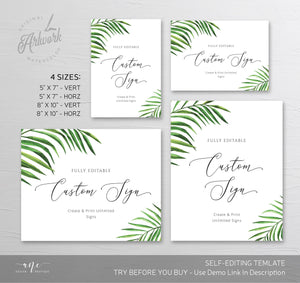 Tropical Destination Wedding Sign Template, Editable Beach Palm Leaf Watercolor Table Sign, Printable Custom Wedding Signs, 5x7 8x10, 002