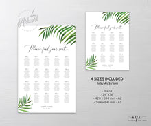 Load image into Gallery viewer, Tropical Beach Seating Chart Template, Greenery Wedding Bridal Sign Table Plan, Palm Leaf Decoration, 100% Editable, A1 A2, Printable 002
