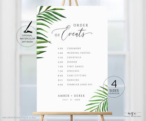 Tropical Wedding Order of Events Sign Template, Palm Leaf Editable Order of Service, Wedding Timeline & Agenda, Ceremony Program Poster, 002