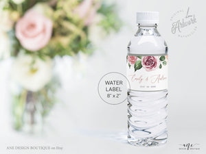 Floral Wedding Water Bottle Label Template, Eucalyptus Greenery Mauve Roses Bridal Shower Favor, Printable Custom 100% Editable Download 007