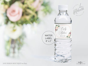 Boho Geometric Wedding Water Bottle Label Template, Eucalyptus Mauve Roses Bridal Shower Favor, Printable Custom, 100% Editable Download 007