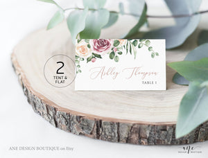 Mauve & Blush Roses Printable Place Card Template, Printable Wedding Bridal Escort Card, Editable Name Cards, Boho Eucalyptus Greenery, 007