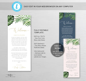 Tropical Welcome Letter Itinerary Template, Beach Wedding Order of Events Editable Welcome Bag Note, 100% Editable, Printable, Download 002