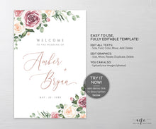 Load image into Gallery viewer, Mauve Floral Wedding Welcome Sign Template, Dusty Roses &amp; Eucalyptus Wedding Signs, Printable Shower Poster, 100% Editable, DIY Download 007
