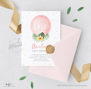 Tropical Balloon Birthday Invitation Template, Pink Gold Girl 1st Birthday, Summer Invite, Palm Leaf, Fully Editable, Printable Download 002