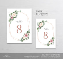Load image into Gallery viewer, Geometric Boho Table Number Card Template, Eucalyptus, Mauve Roses, Wedding Bridal Table Card 4x6 5x7, 100% Editable, Printable Download 007
