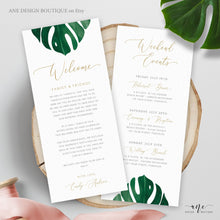 Load image into Gallery viewer, Monstera Welcome Letter Itinerary Template, Tropical Wedding Order of Events Editable Welcome Bag Note, 100% Editable Printable Download 003
